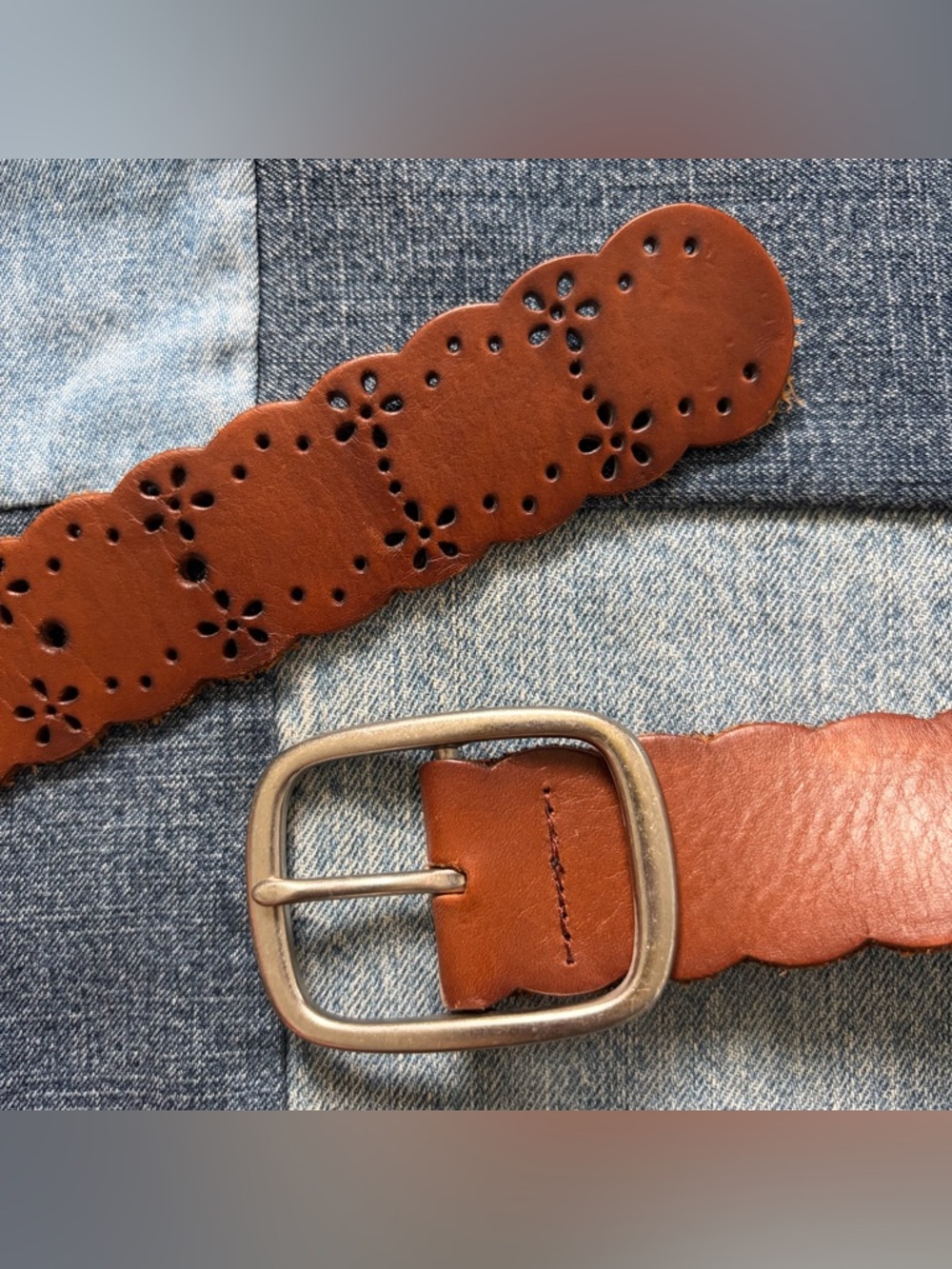 brown leather boho belt floral scalloped edge silver toned buckle